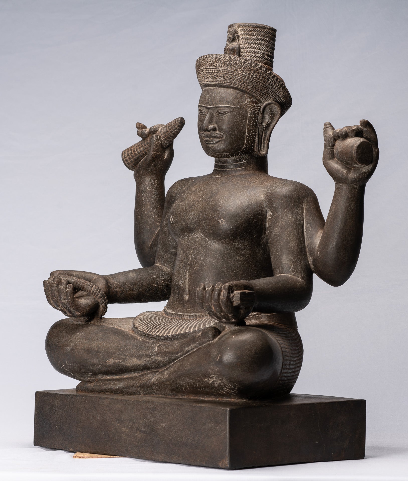 Antique Khmer Style Stone Koh Ker Seated Bodhisattva Avalokitesvara Statue-62cm/25 "