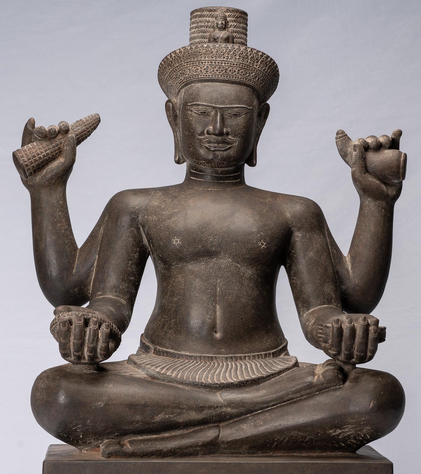 Antique Khmer Style Stone Koh Ker Seated Bodhisattva Avalokitesvara Statue-62cm/25 "