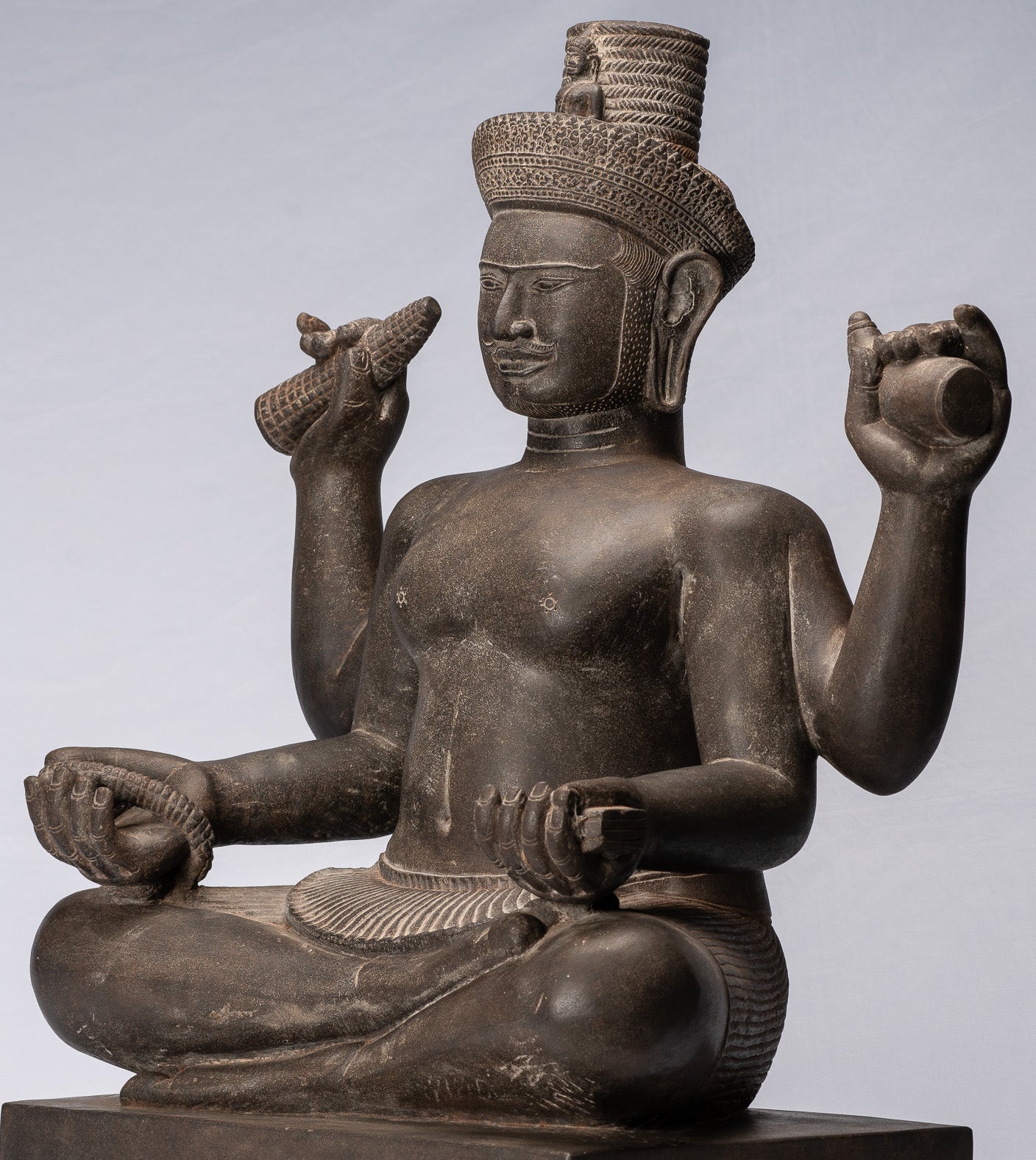 Antique Khmer Style Stone Koh Ker Seated Bodhisattva Avalokitesvara Statue-62cm/25 "