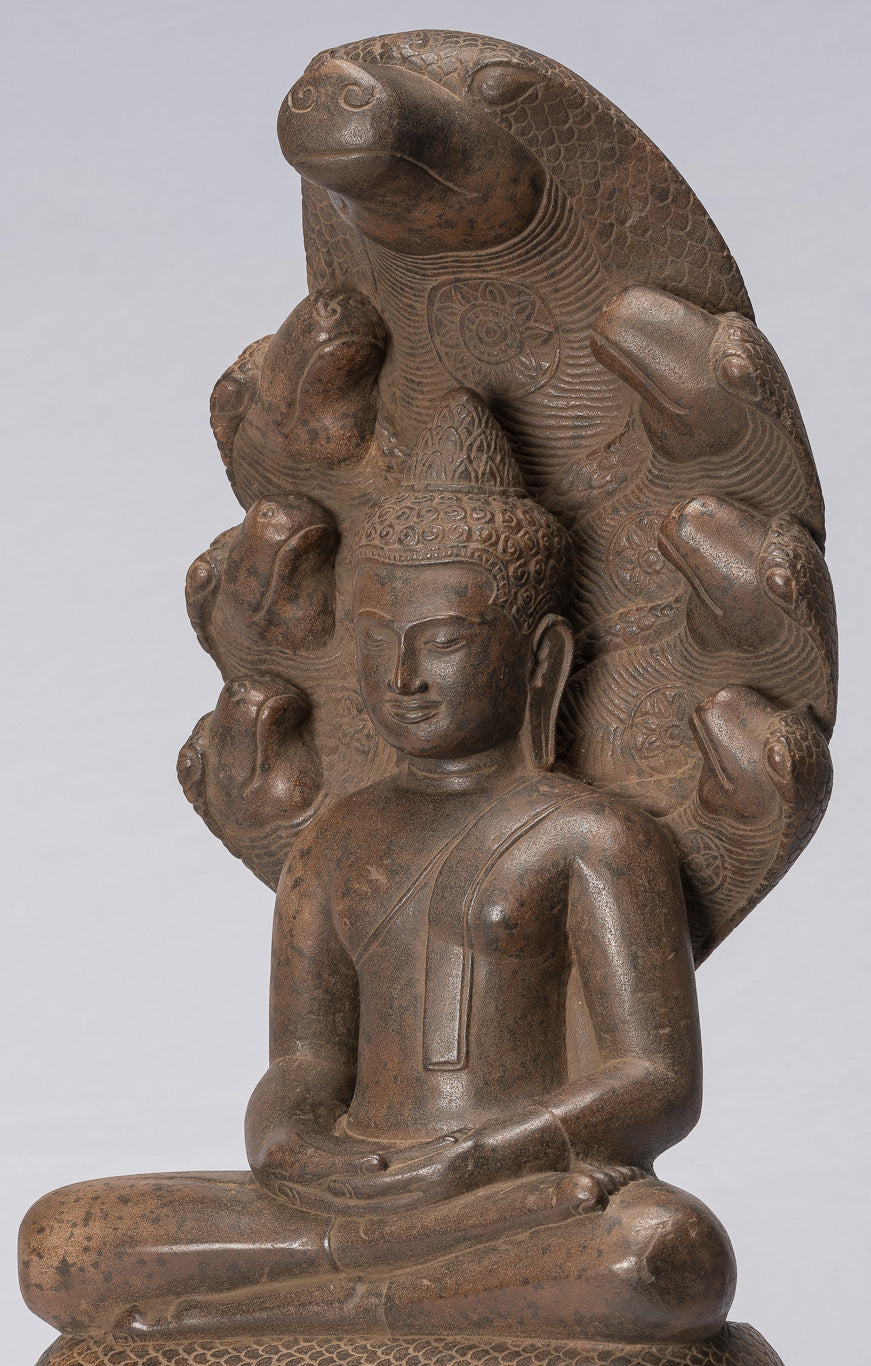 Statue di Buddha - Antique Angkor Wat Style Khmer Stone seduto Meditazione Naga Buddha - 56 cm/22 "