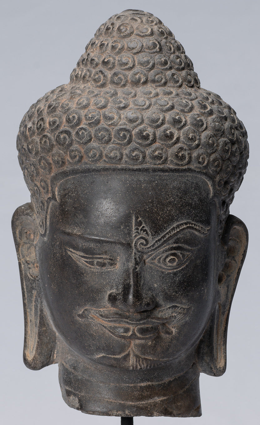 Shiva Statue-Antique Khmer Style Black Stone Yaksha & Yakshaswaroop Shiva Head-31cm/12 "