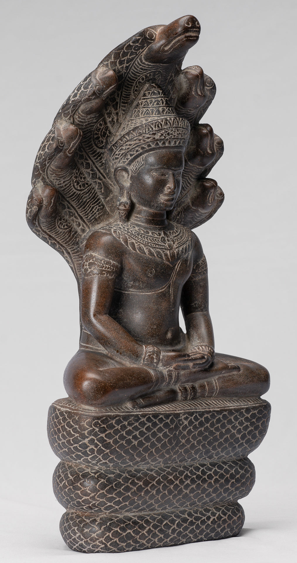 Buddha Statue - Antique Bayon Style Khmer Stone Seated Naga Meditation Buddha - 38cm/15"