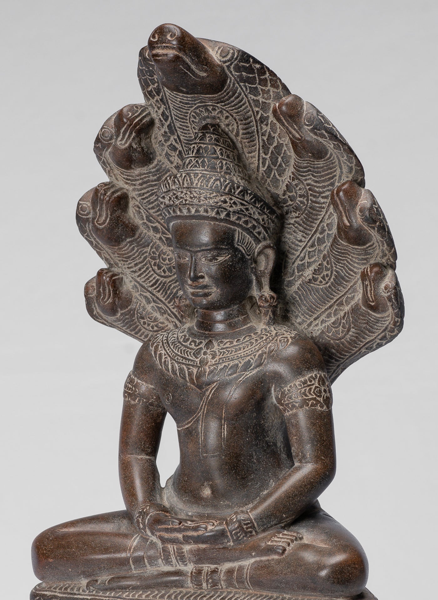 Buddha Statue - Antique Bayon Style Khmer Stone Seated Naga Meditation Buddha - 38cm/15"