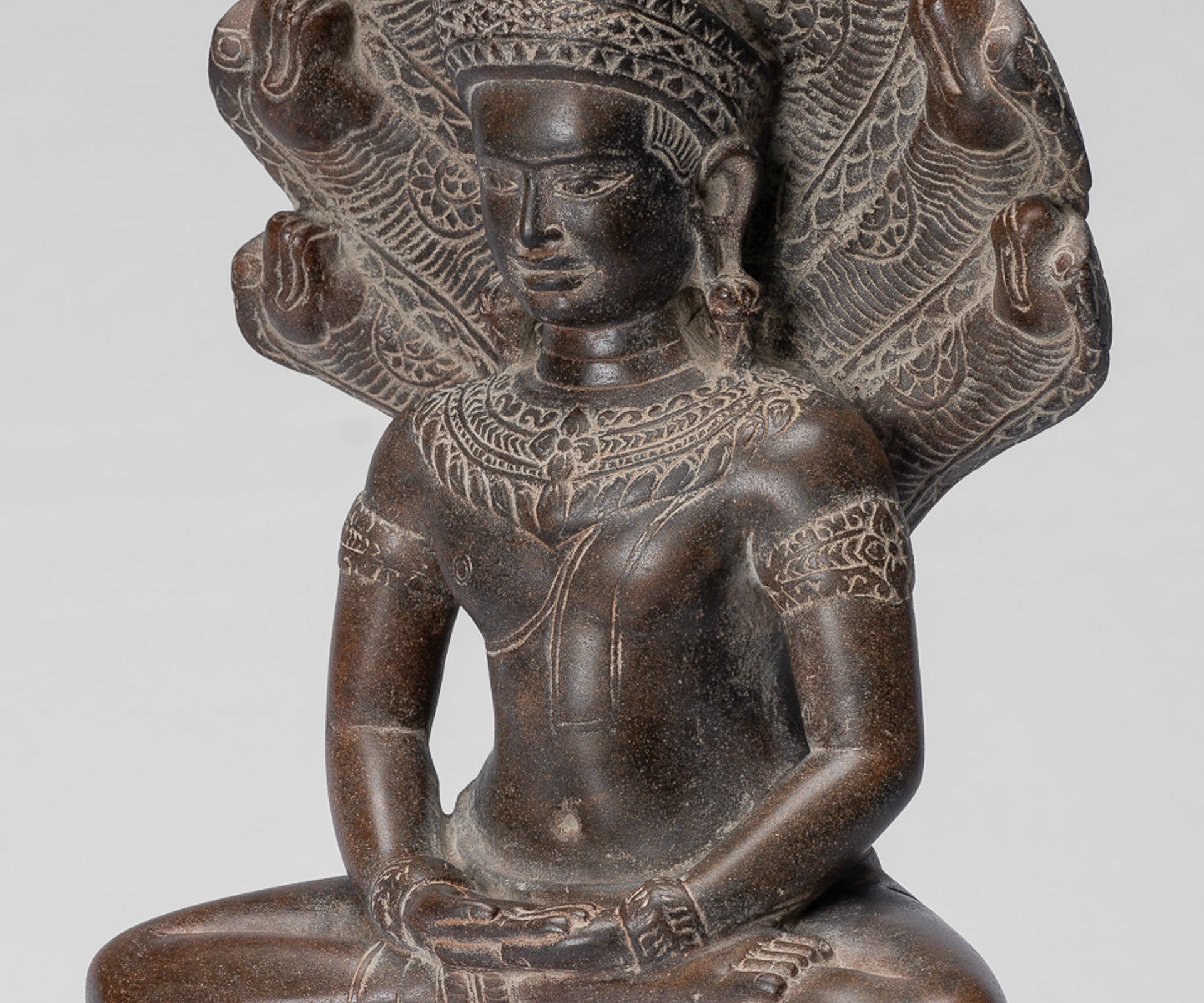 Buddha Statue - Antique Bayon Style Khmer Stone Seated Naga Meditation Buddha - 38cm/15"