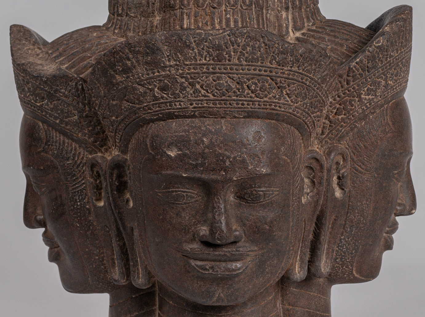 Brahma Statue - Antique Khmer Style Koh Ker Stone Brahma Head - Hindu God Creation - 42cm/17"