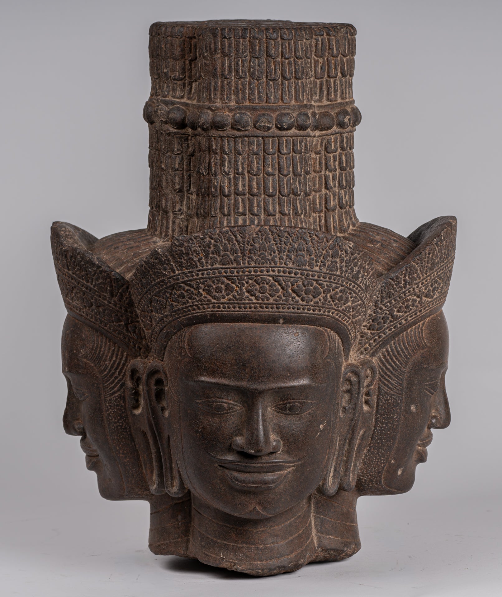 Brahma Statue - Antique Khmer Style Koh Ker Stone Brahma Head - Hindu God Creation - 42cm/17"