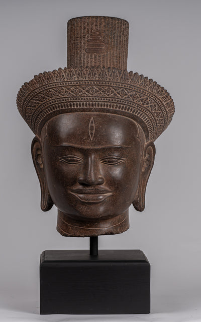 Shiva Statue - Antique Koh Ker Style Khmer Stone Shiva Head Statue - The Destroyer - 54cm/22"
