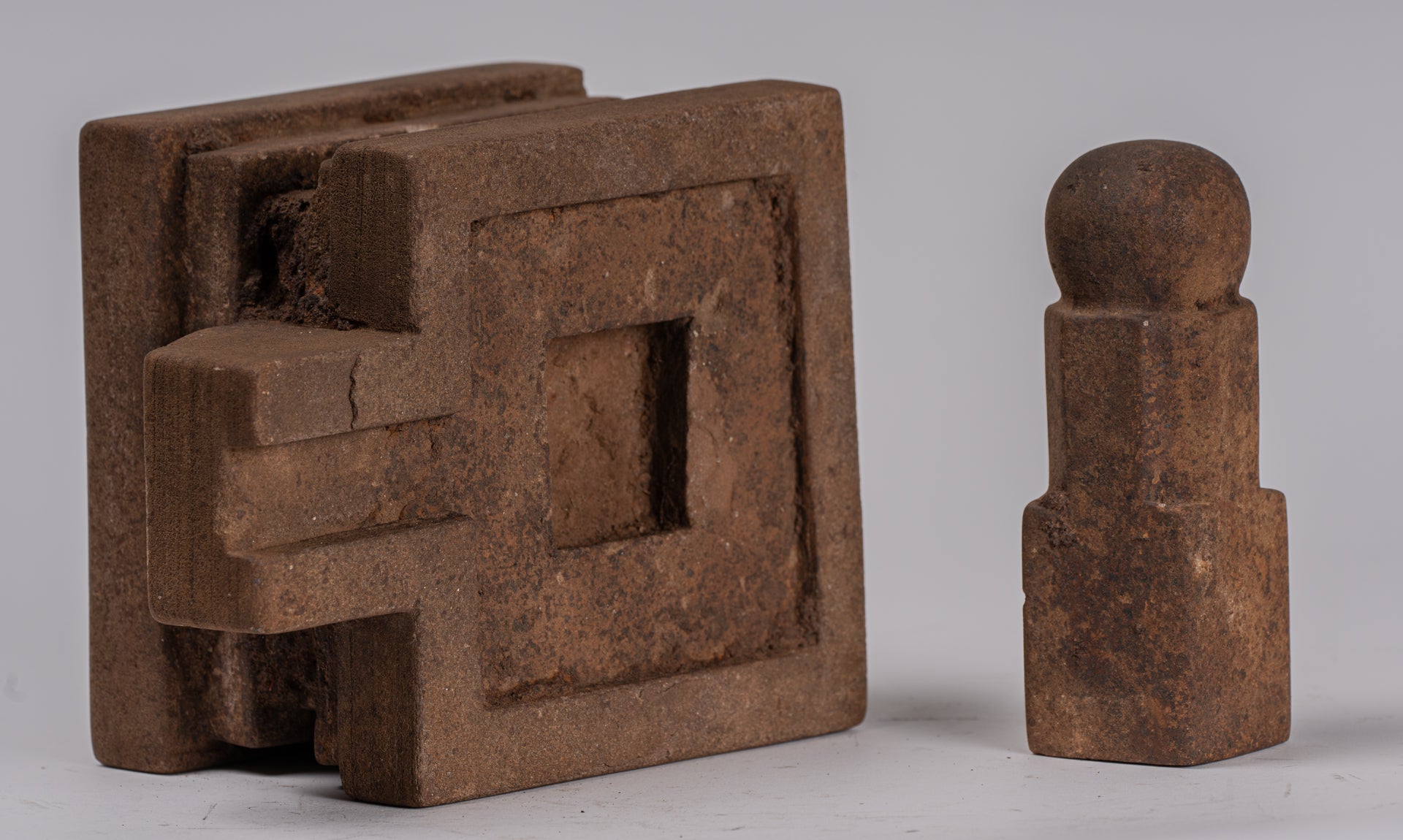 Linga Statue - Antique Khmer Style Two Piece Stone Linga / Lingnum & Yoni - 20cm/8"