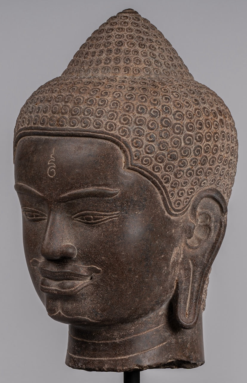 Shiva Statue - Antique Khmer Style Brown Stone Shiva Head Statue - The Destroyer - 52cm/21"