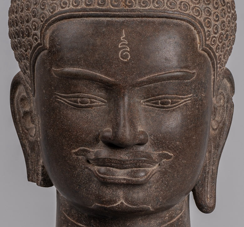 Shiva Statue - Antique Khmer Style Brown Stone Shiva Head Statue - The Destroyer - 52cm/21"