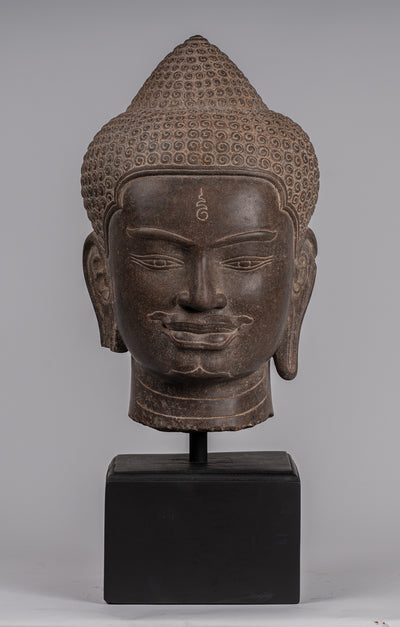 Shiva Statue - Antique Khmer Style Brown Stone Shiva Head Statue - The Destroyer - 52cm/21"