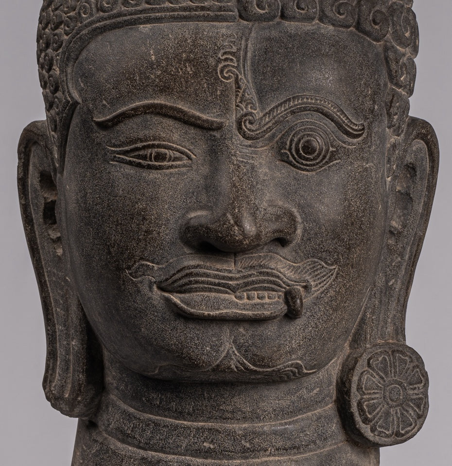 Shiva Statue - Antique Khmer Style Grey Stone Yaksha & Yakshaswaroop Shiva Head- 48cm/19 "