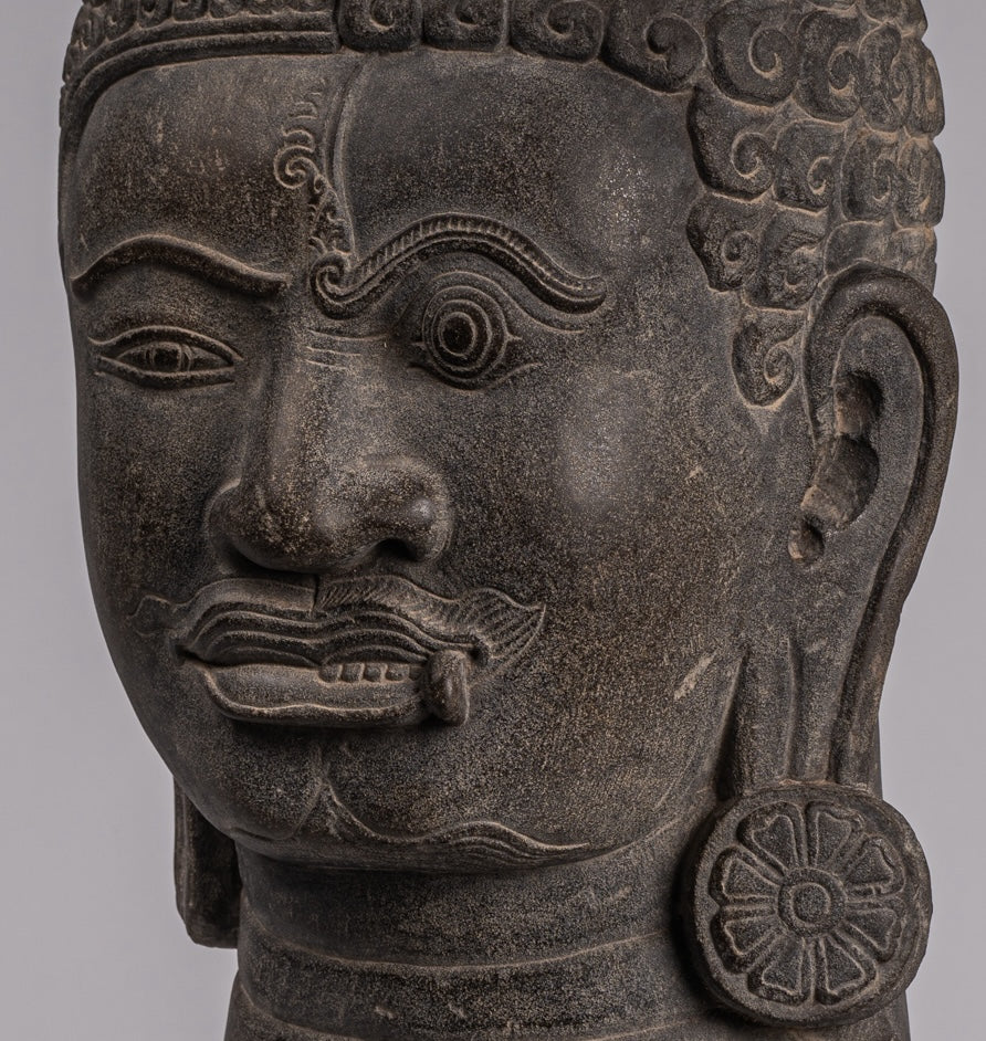 Shiva Statue - Antique Khmer Style Grey Stone Yaksha & Yakshaswaroop Shiva Head- 48cm/19 "