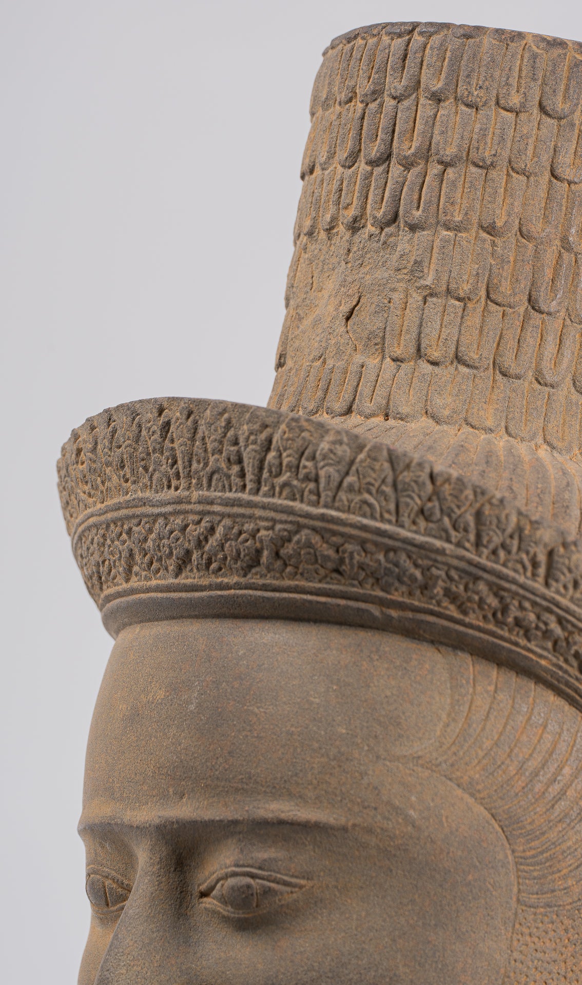 Vishnu Statue - Antique Koh Ker Style Stone Mounted Khmer Vishnu Head - 43cm / 17"