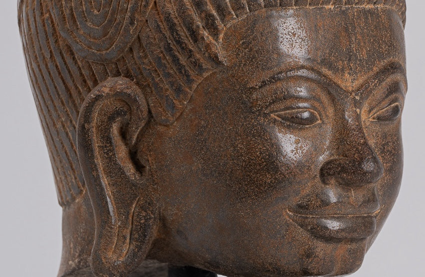 Lakshmi Statue - Antique Baphuon Style Stone Lakshmi / Devi Consort of Vishnu Head - 34cm/14"