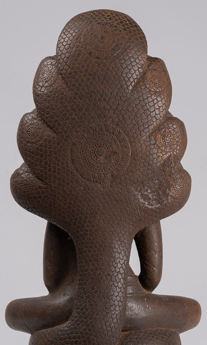 Buddha Statue - Antique Bayon Style Khmer Stone Seated Naga Meditation Buddha - 55cm/22"