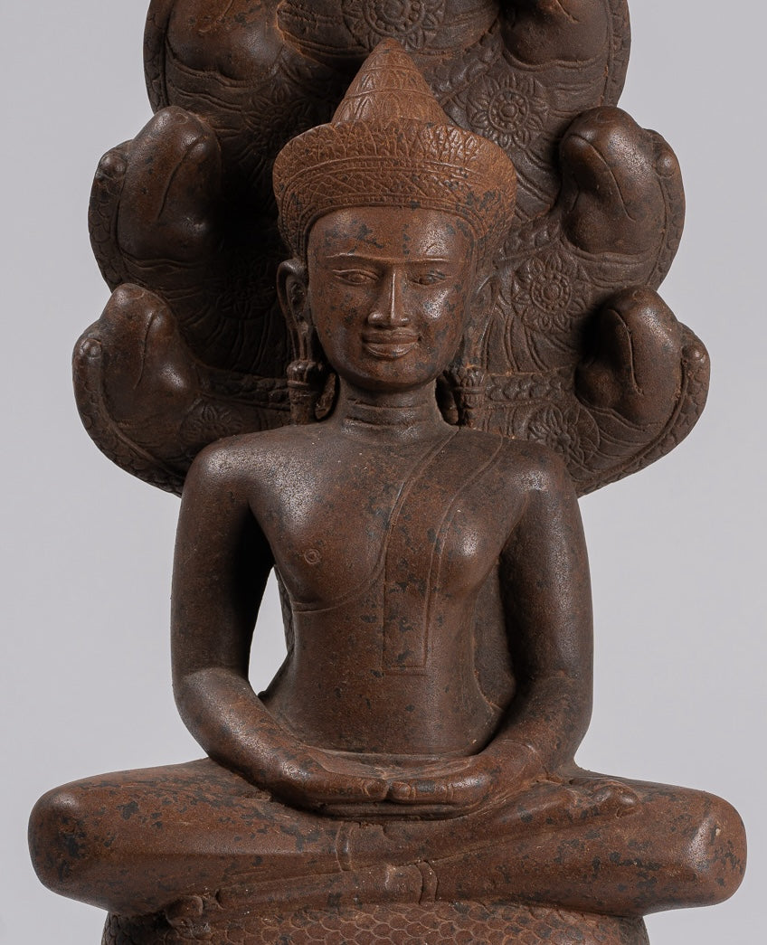 Buddha Statue - Antique Bayon Style Khmer Stone Seated Naga Meditation Buddha - 55cm/22"