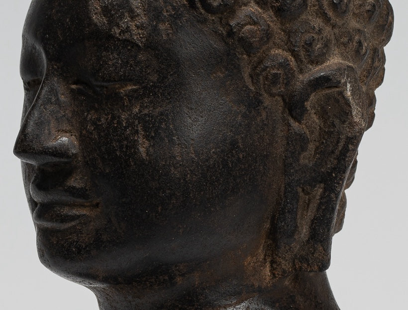 Buddha Statue - Antique Dvaravati Style Thai Stone Buddha Head Statue - 22cm/9"