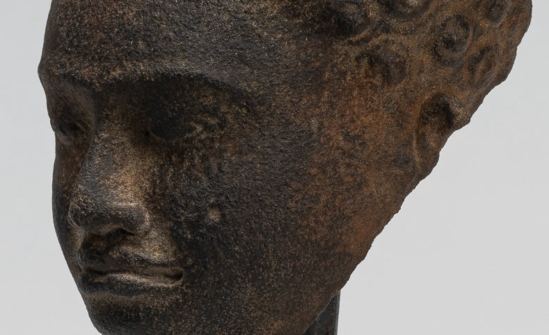 Stone Buddha Statue - Antique Khmer Style Stone Phnom Da Buddha Head - 23cm/9"