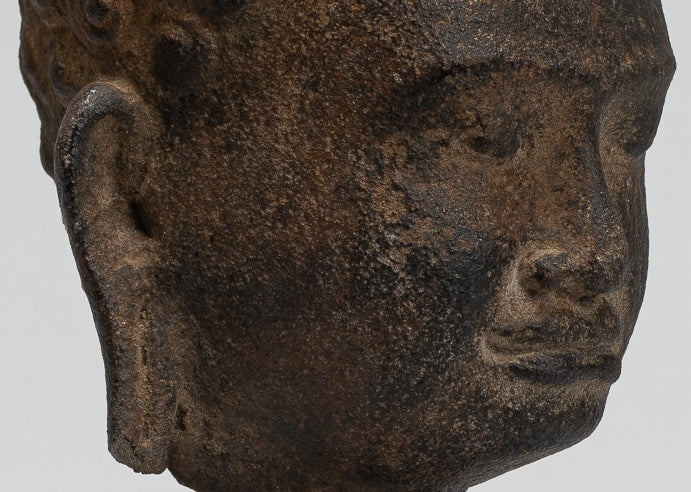 Stone Buddha Statue - Antique Khmer Style Stone Phnom Da Buddha Head - 23cm/9"