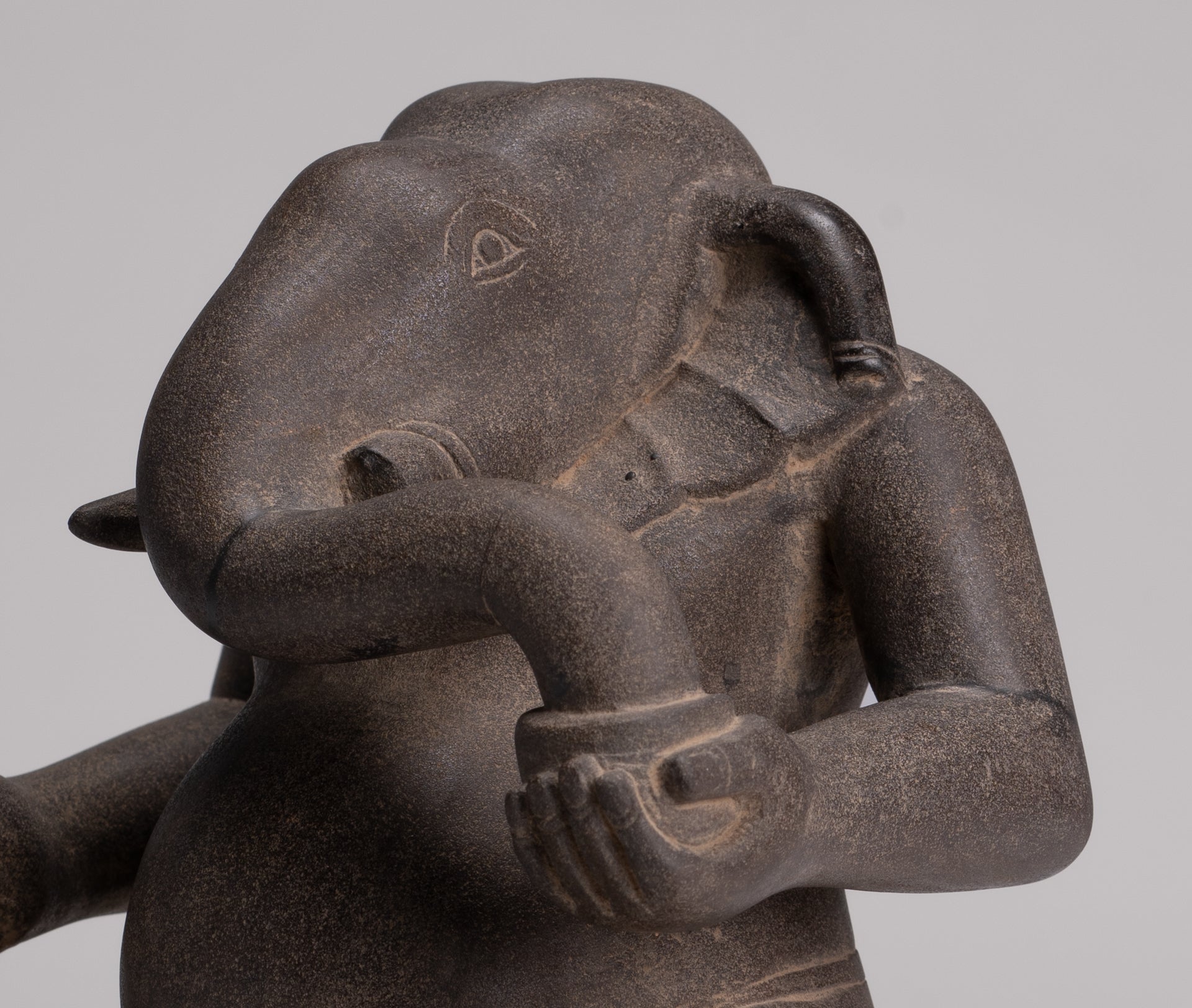 Antique Cham Style Vietnamese Seated Stone Ganesha Statue - 19cm/8"