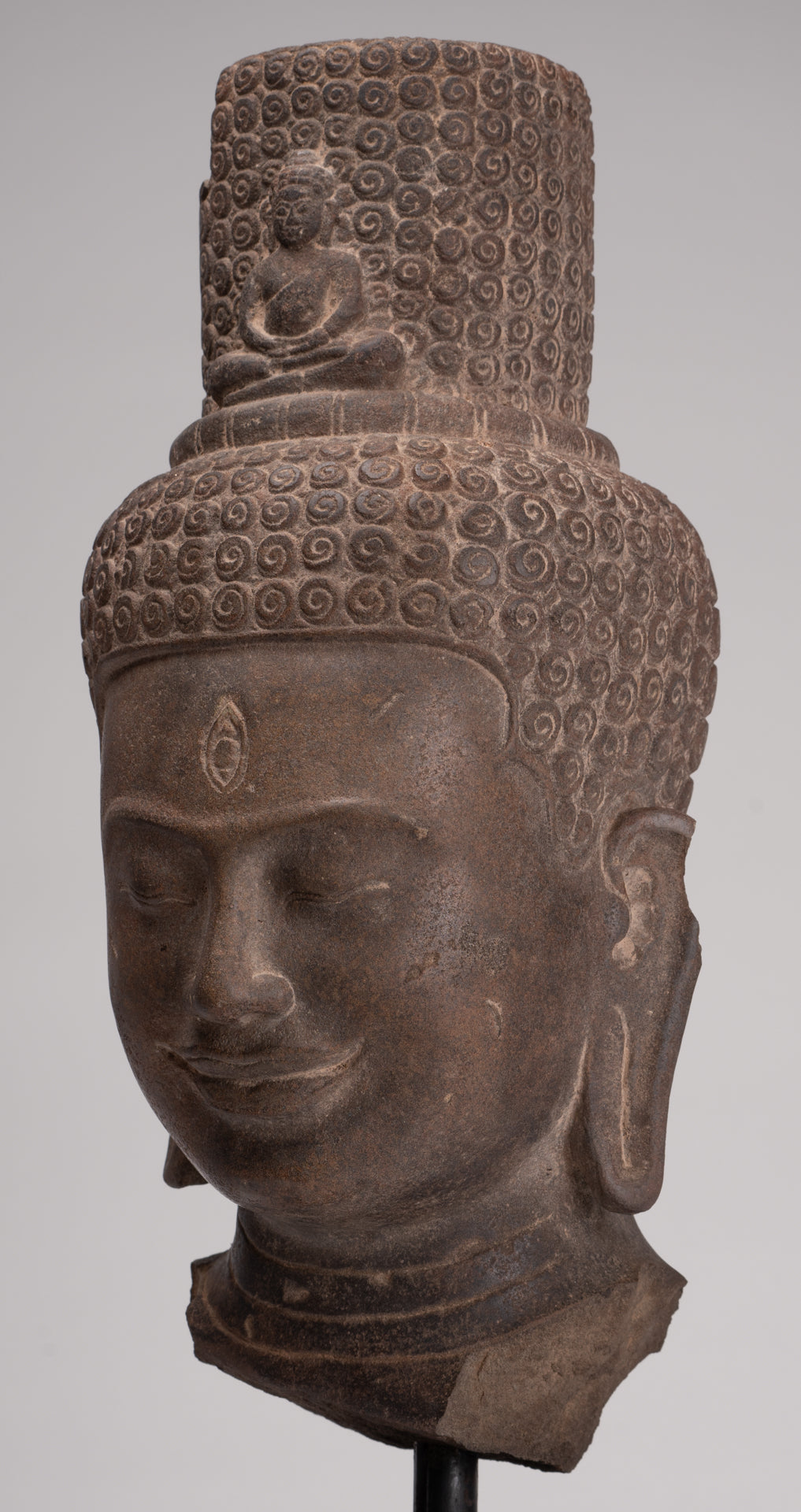 Lokeshvara Statue - Antique Khmer Style Mounted Stone Bayon Style Lokeshvara Head - 48cm/19"