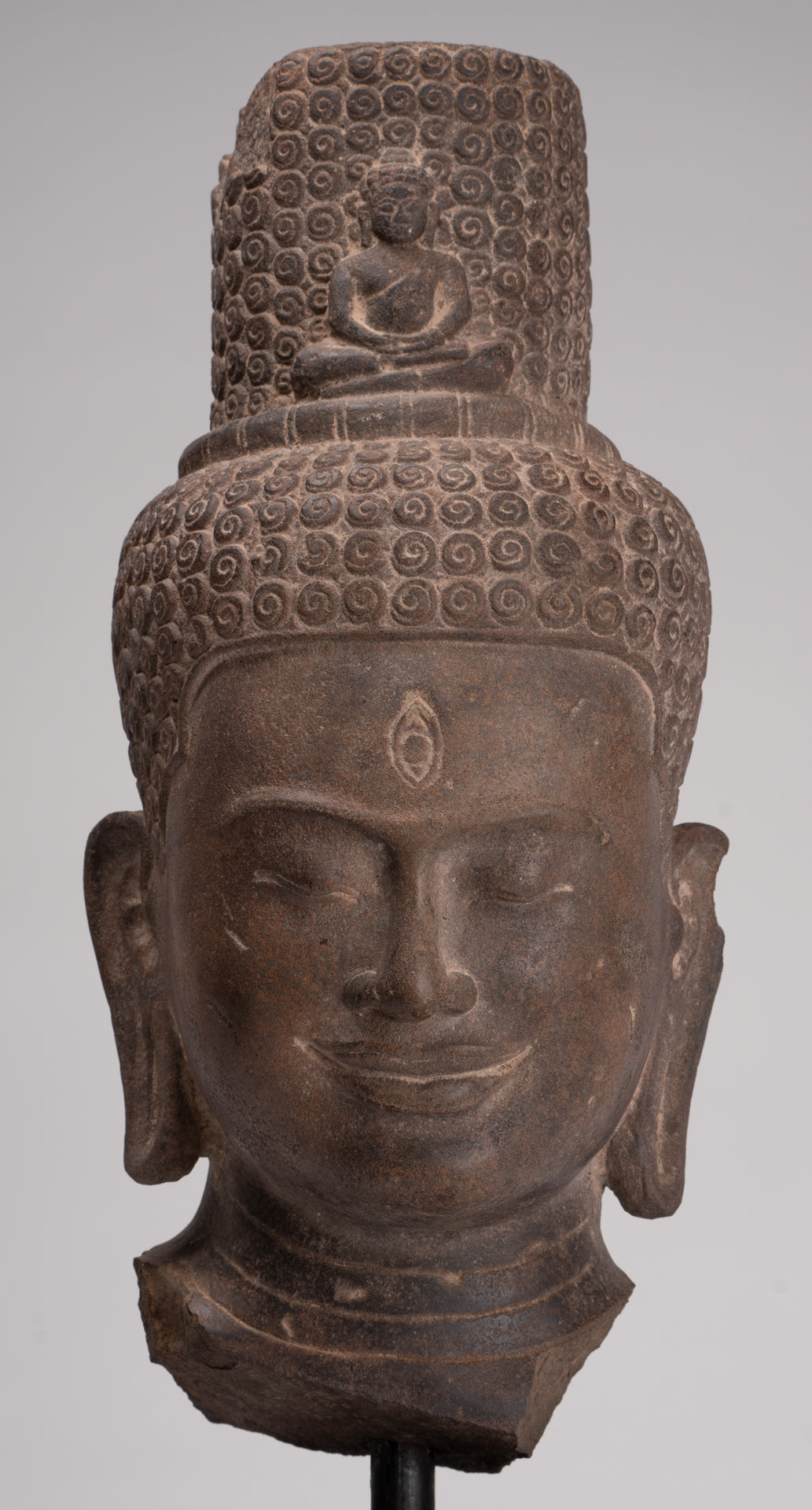 Lokeshvara Statue - Antique Khmer Style Mounted Stone Bayon Style Lokeshvara Head - 48cm/19"