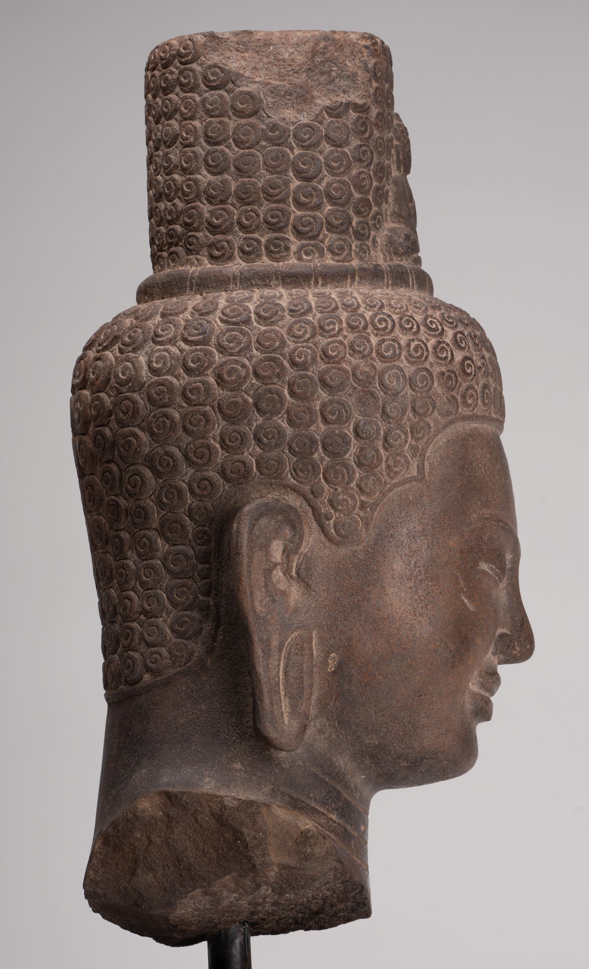 Lokeshvara Statue - Antique Khmer Style Mounted Stone Bayon Style Lokeshvara Head - 48cm/19"