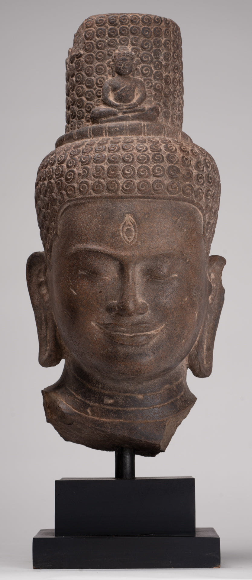 Lokeshvara Statue - Antique Khmer Style Mounted Stone Bayon Style Lokeshvara Head - 48cm/19"
