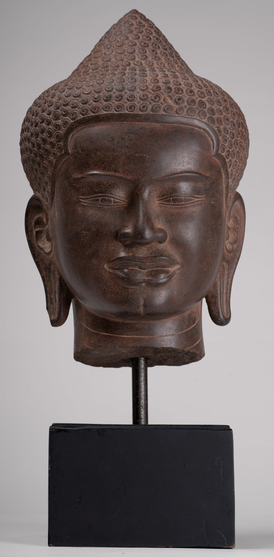 Buddha Statue - Antique Pre-Angkor Style Mounted Stone Khmer Buddha Head - 55cm/22" Tall