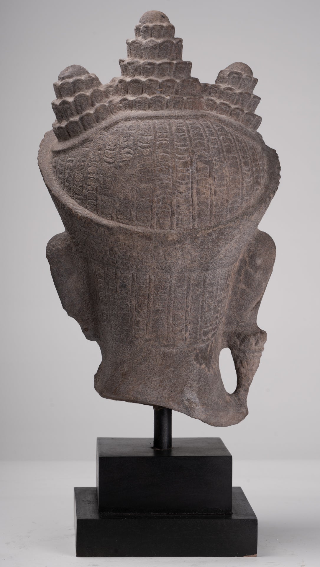 Jayavarman Statue - Antique Khmer Style Mounted Stone Jayavarman VII Head Statue - 53cm/21"