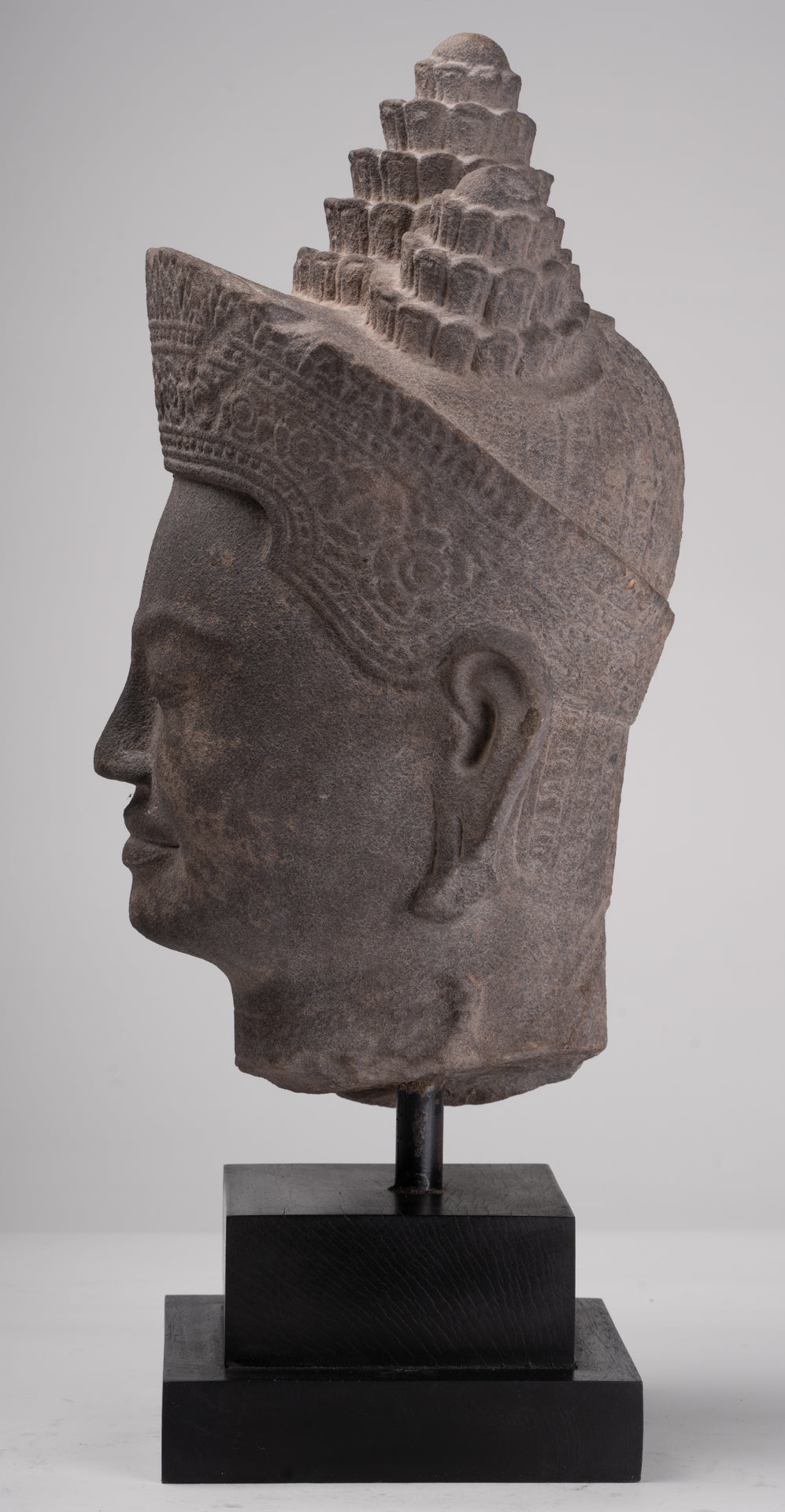Jayavarman Statue - Antique Khmer Style Mounted Stone Jayavarman VII Head Statue - 53cm/21"