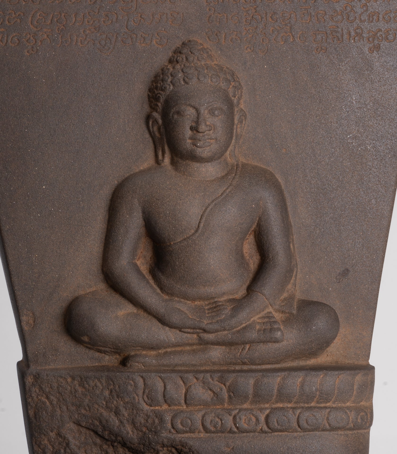 Buddha Statue - Antique Khmer Style Stone Stele Seated Meditation Buddha Statue - 46cm/18"