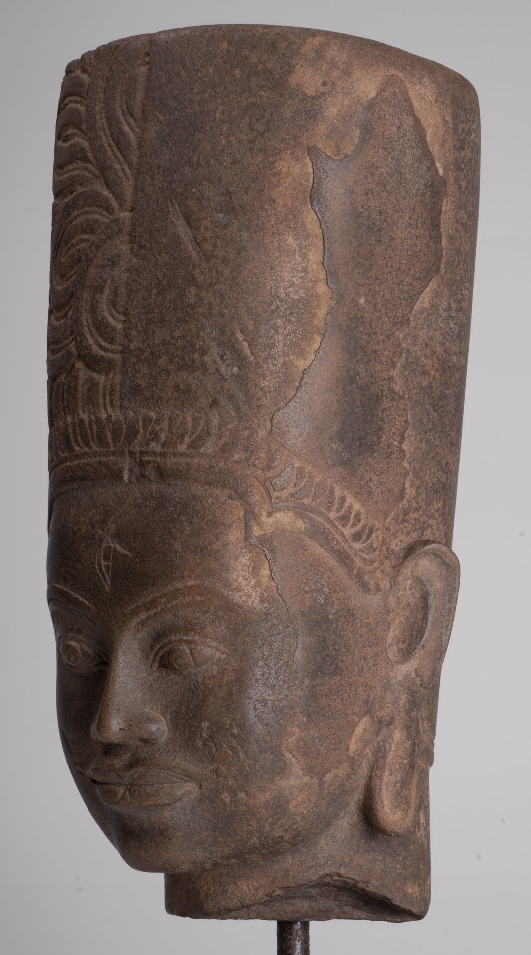 HariHara Statue - Antique Phnom Da Style Stone Khmer Hari Hara or Vishnu & Shiva Head - 43cm/17"