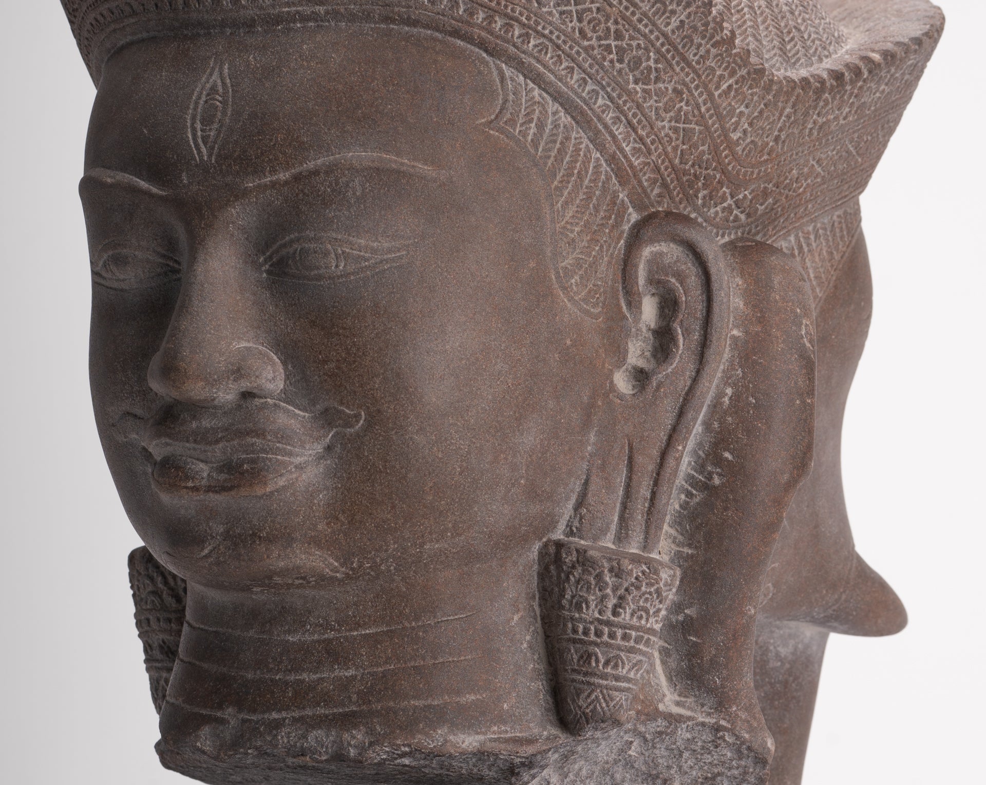 Shiva Ganesha Statue - Antique Banteay Srei Style Khmer Stone Shiva & Ganesha Statue Head - 54cm/22"