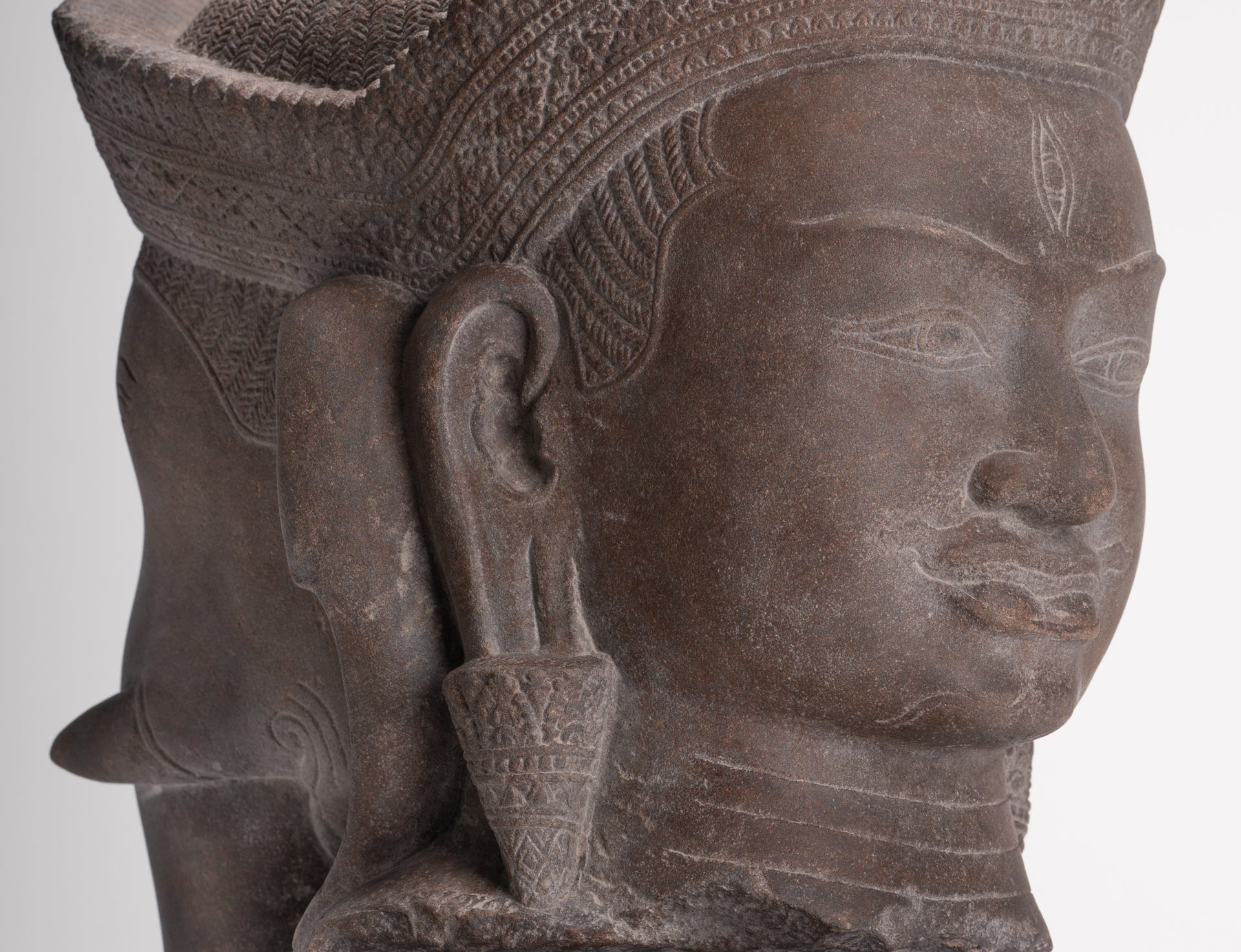 Shiva Ganesha Statue - Antique Banteay Srei Style Khmer Stone Shiva & Ganesha Statue Head - 54cm/22"