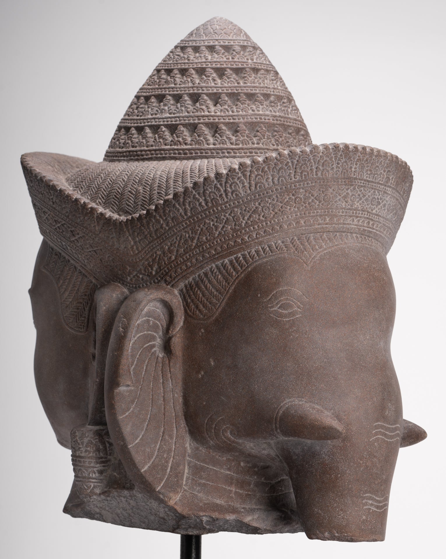 Shiva Ganesha Statue - Antique Banteay Srei Style Khmer Stone Shiva & Ganesha Statue Head - 54cm/22"