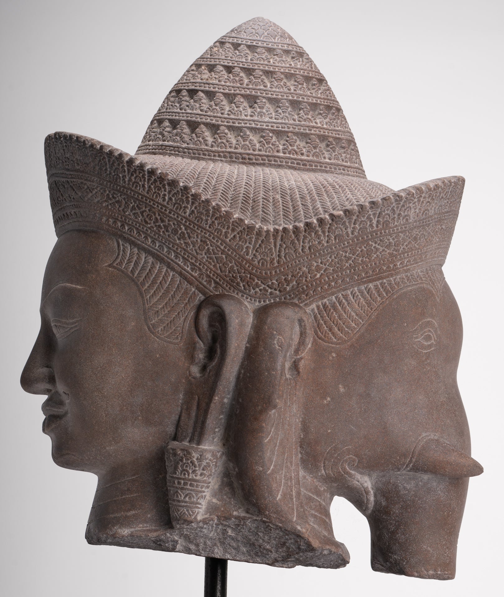 Shiva Ganesha Statue - Antique Banteay Srei Style Khmer Stone Shiva & Ganesha Statue Head - 54cm/22"