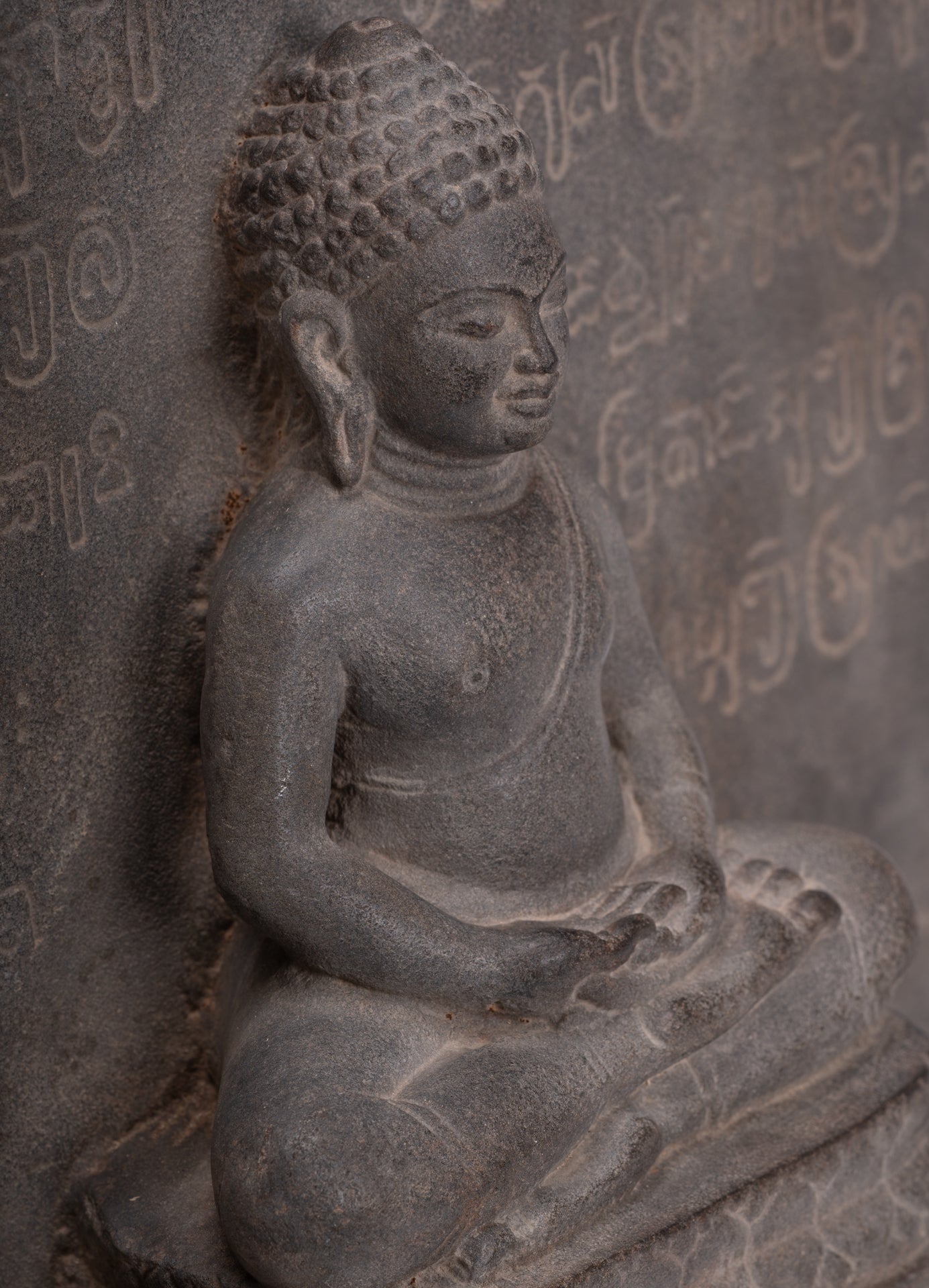 Buddha Statue - Antique Khmer Style Stone Stele Seated Meditation Buddha Statue - 61cm/24"