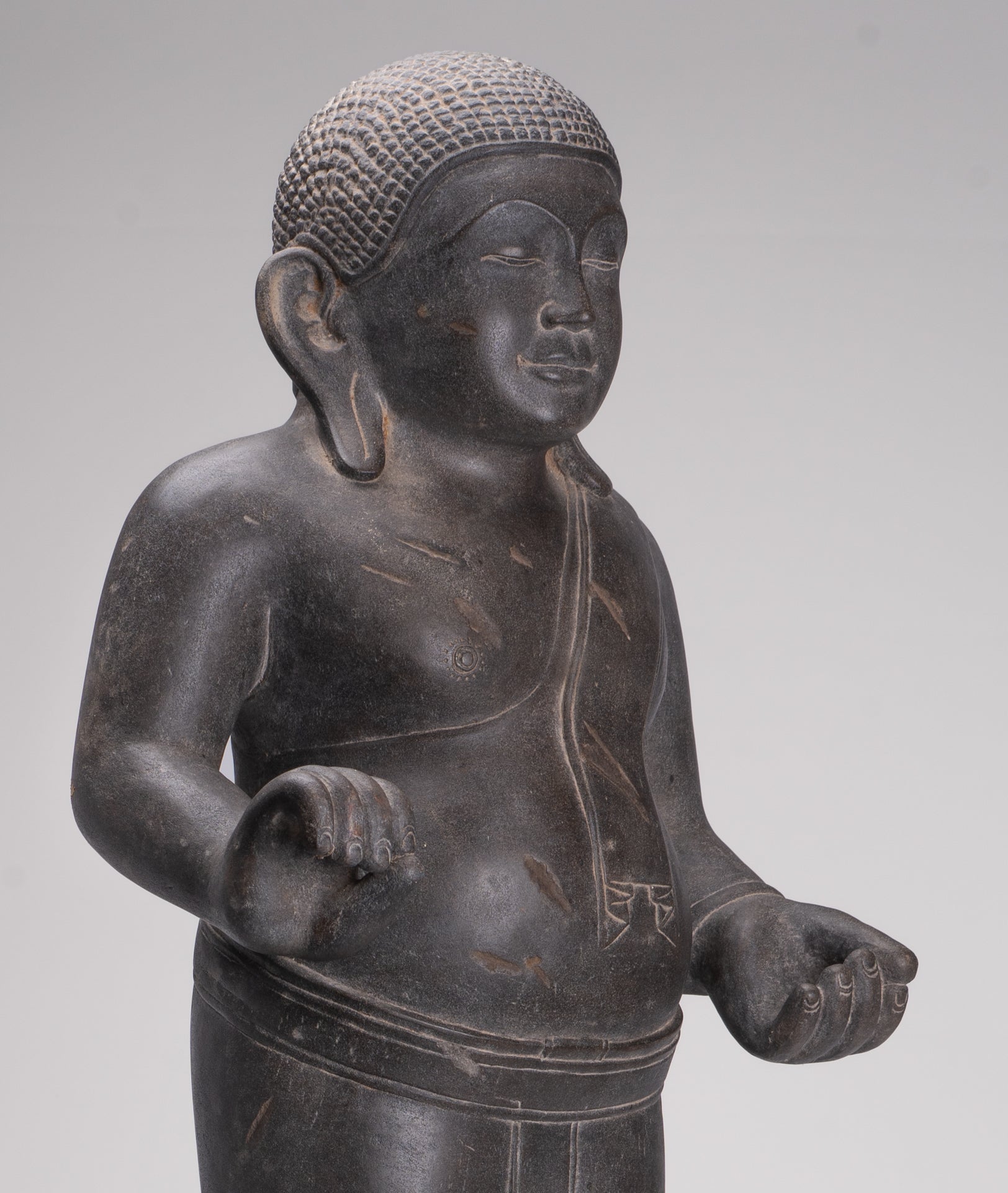 Smiling Monk Statue - Antique Thai Style Stone Phra Sangkachai Monk Statue - 99cm/40"