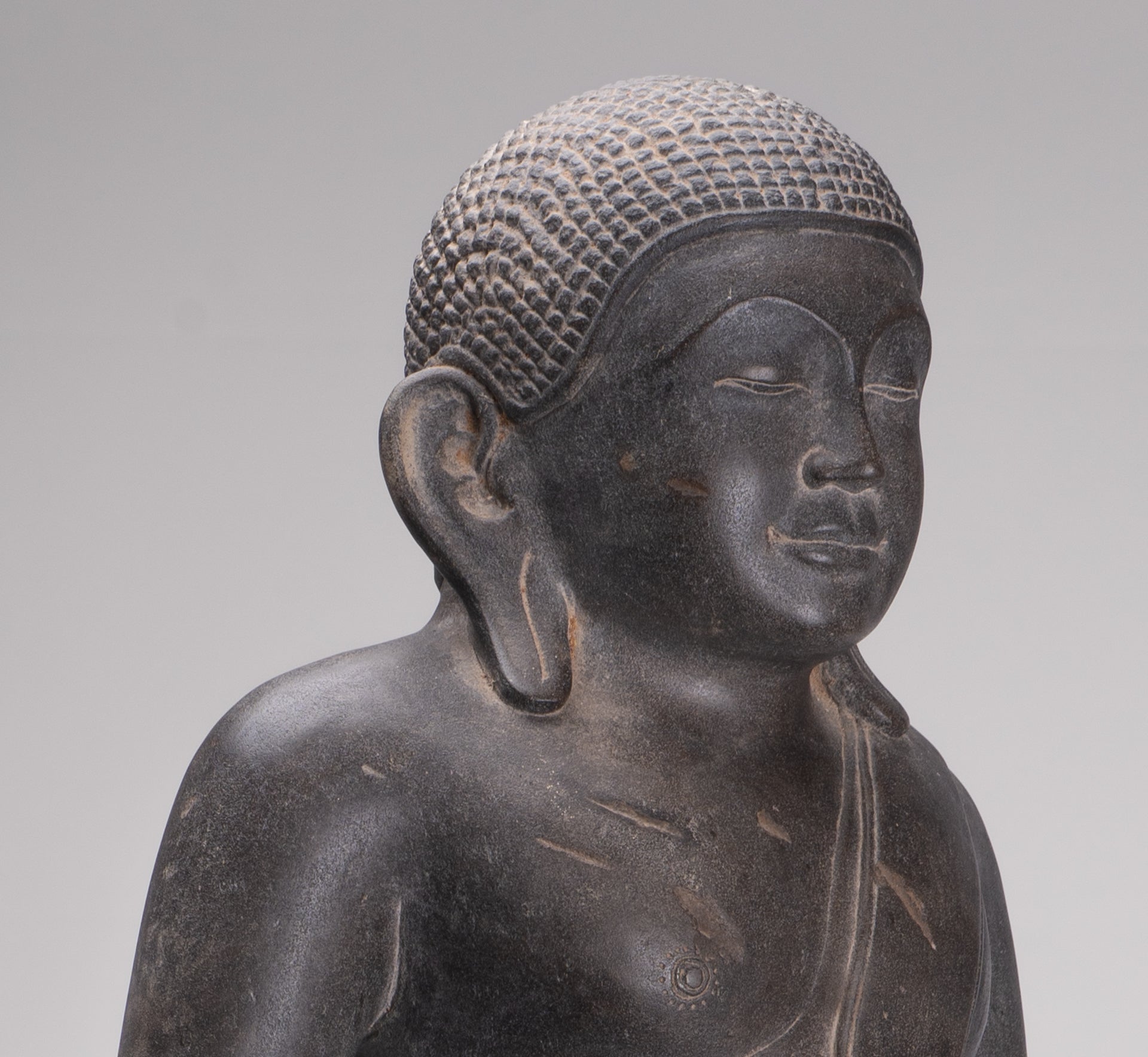 Smiling Monk Statue - Antique Thai Style Stone Phra Sangkachai Monk Statue - 99cm/40"