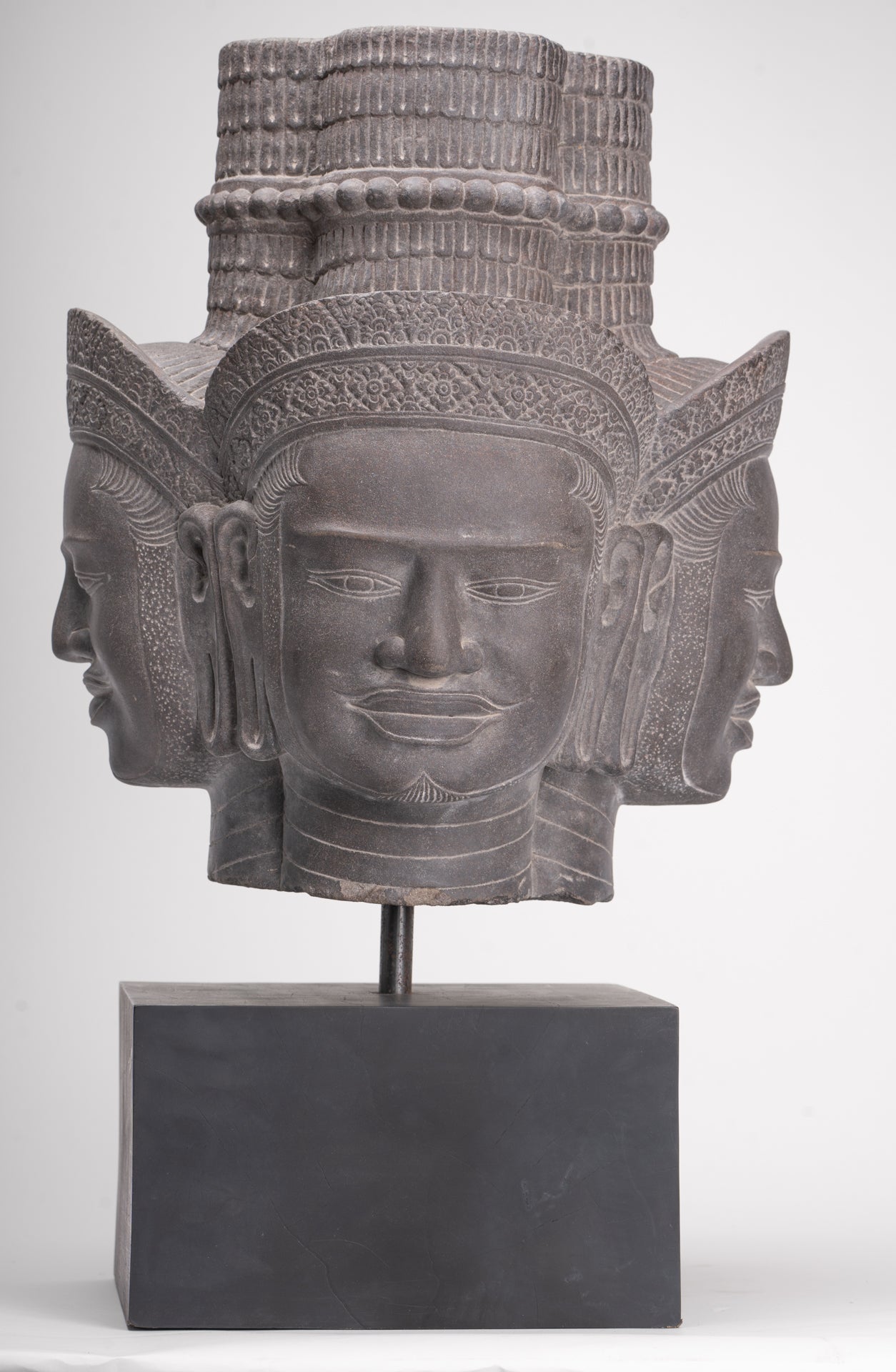 Brahma Statue - Antique Khmer Style Koh Ker Mounted Stone Brahma Head - Hindu God Creation - 60cm/24"