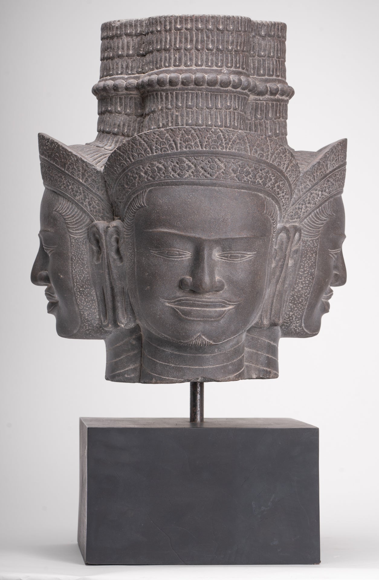 Brahma Statue - Antique Khmer Style Koh Ker Mounted Stone Brahma Head - Hindu God Creation - 60cm/24"