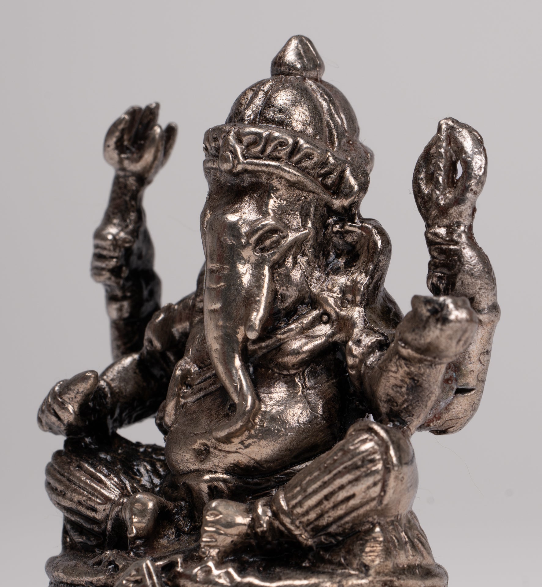 Ganesha Statue - Antique Thai Style Bronze Seated Silver Ganesha Statue - 8cm/3"