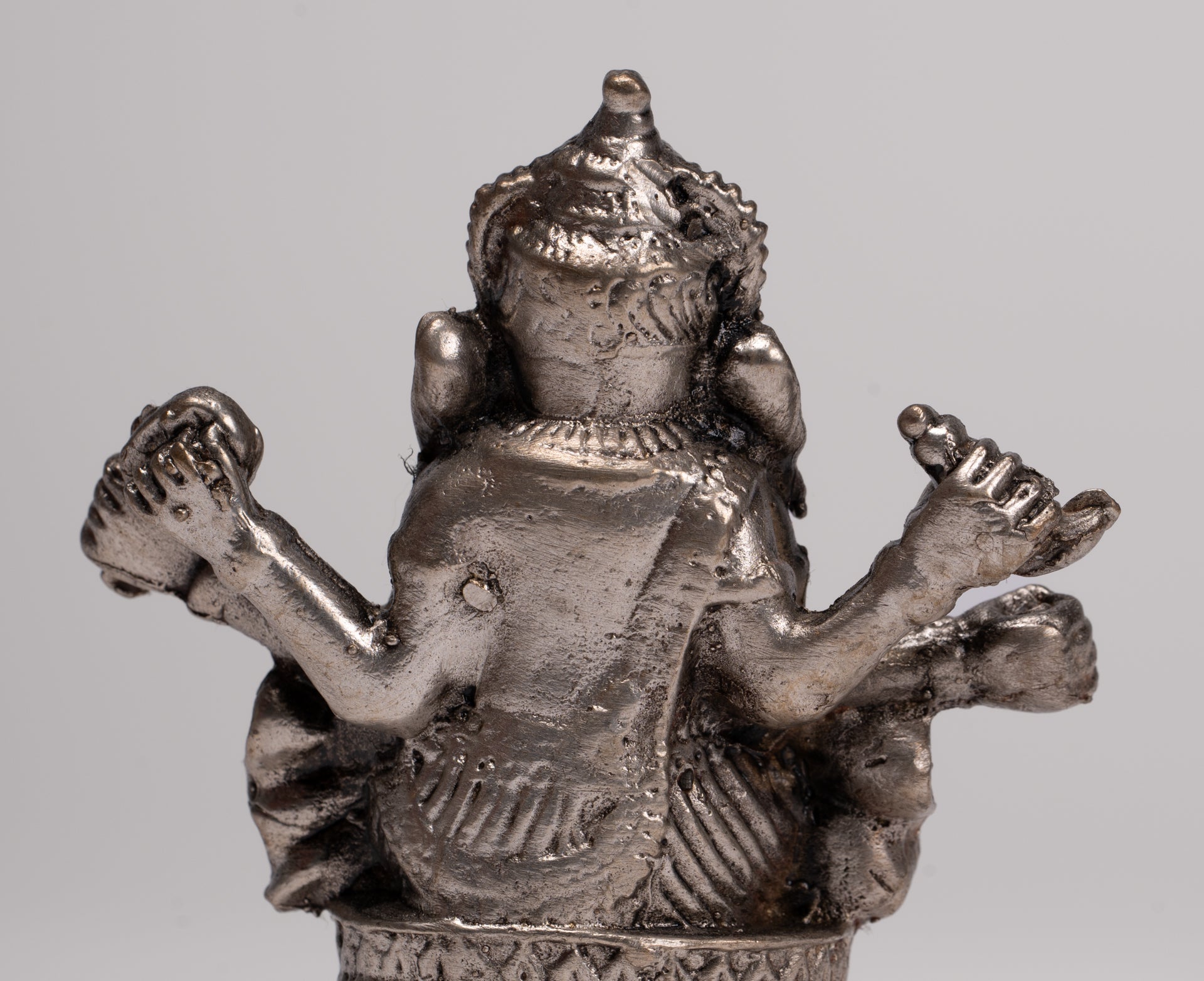 Ganesha Statue - Antique Thai Style Bronze Seated Silver Ganesha Statue - 8cm/3"