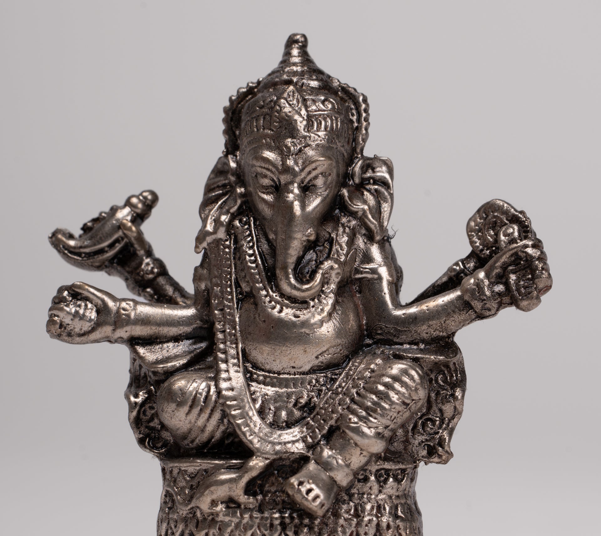 Ganesha Statue - Antique Thai Style Bronze Seated Silver Ganesha Statue - 8cm/3"