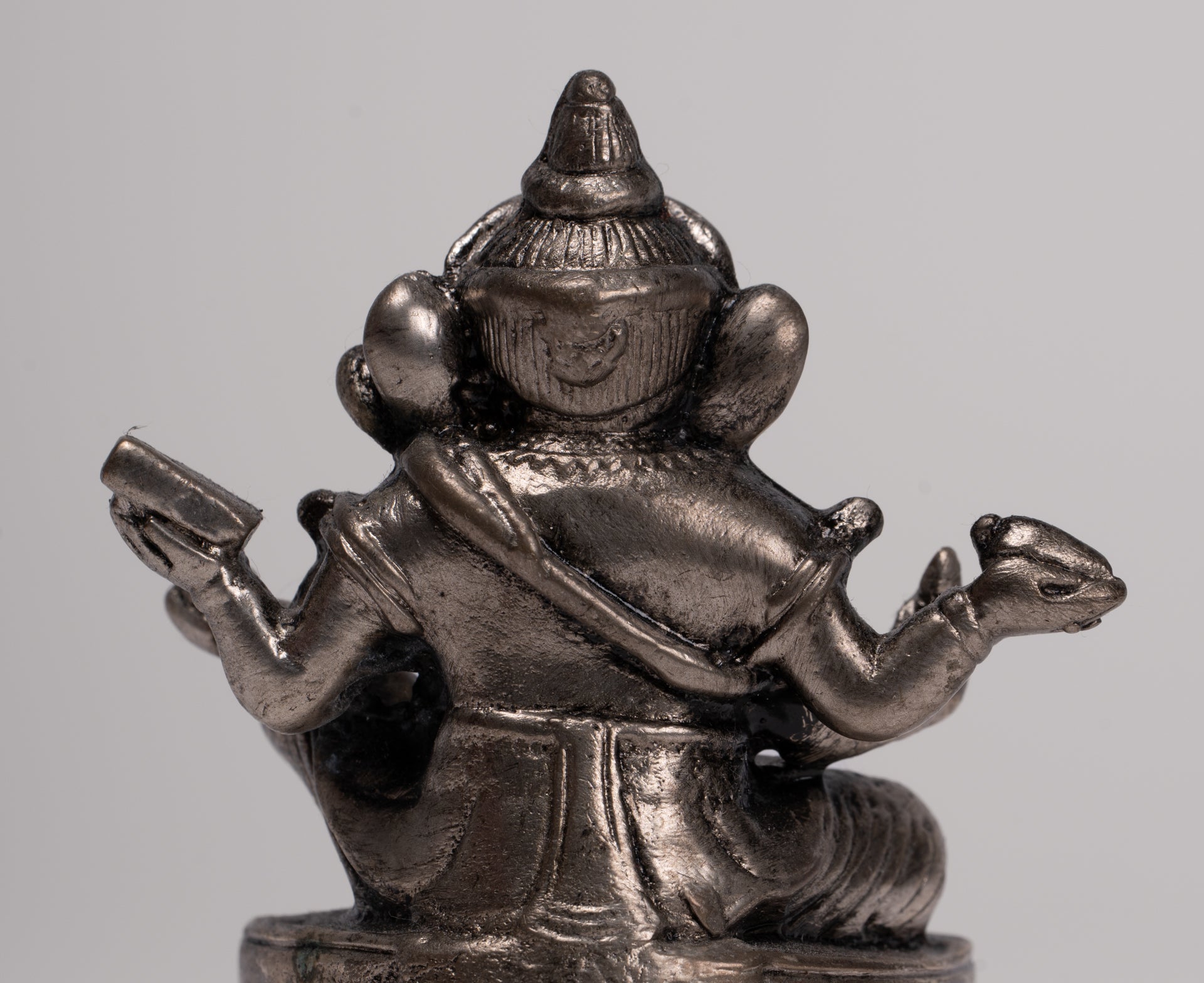 Ganesha Statue - Antique Thai Style Bronze Seated Silver Ganesha Statue - 9cm/4"