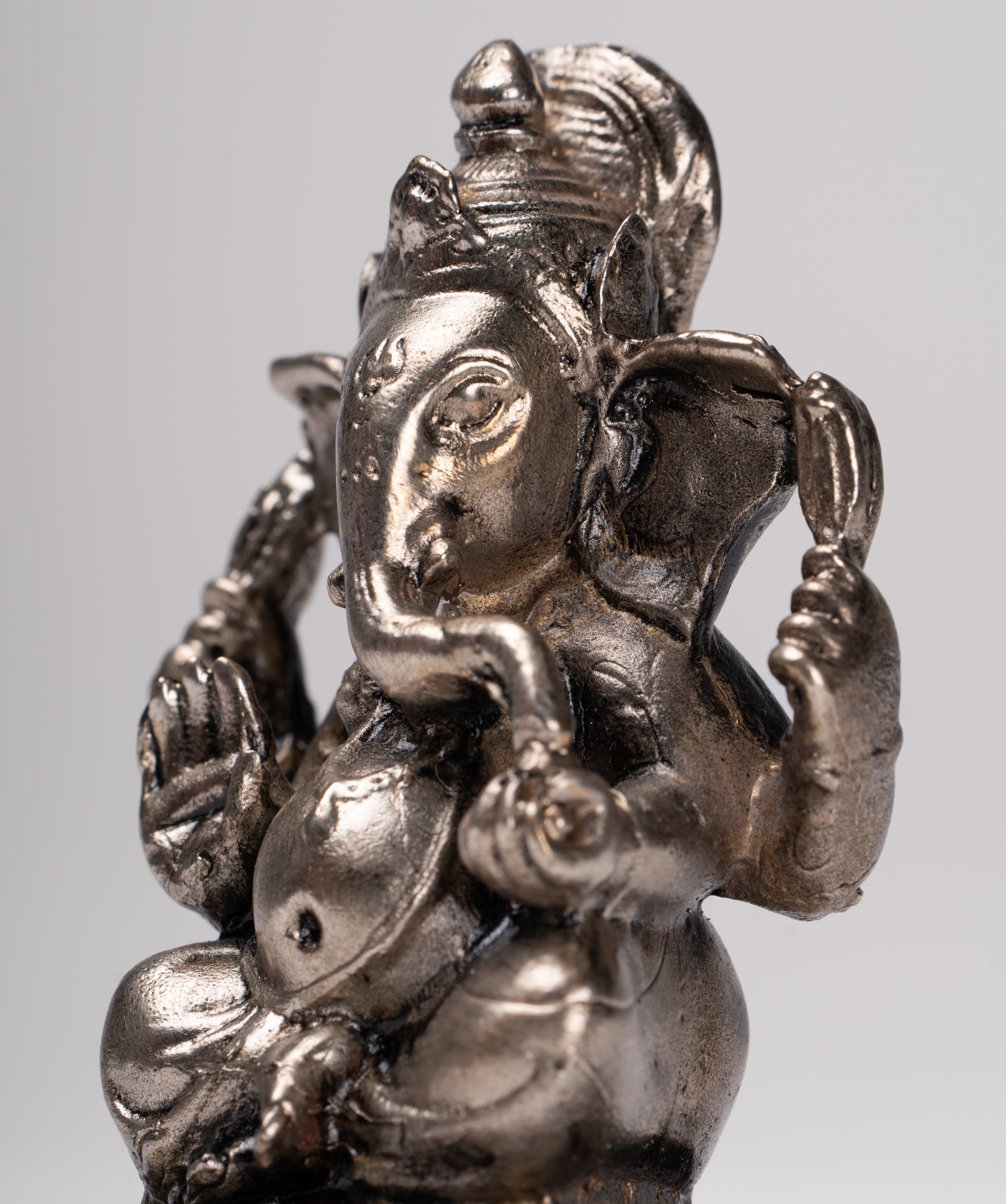 Ganesha Statue - Antique Thai Style Bronze Seated Silver Ganesha Statue - 8.5cm/3"