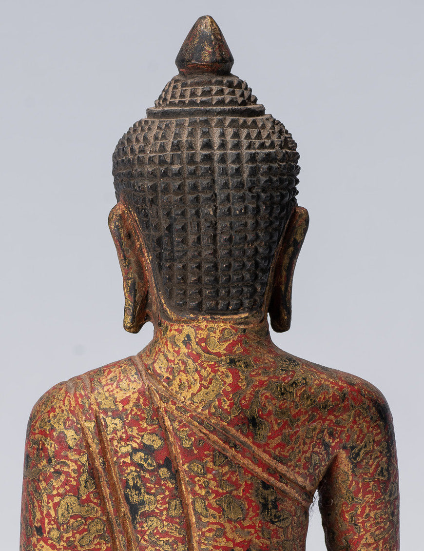 Statue de Bouddha - Statue de Bouddha des Lumières en bois assis de style khmer antique d'Asie du Sud-Est - 21 cm/8"