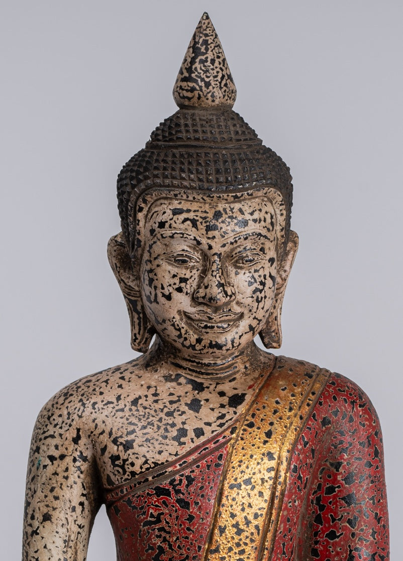 Buddha Statue - Antique Khmer Style SE Asia Seated Wood Enlightenment Buddha Statue - 34cm/14"